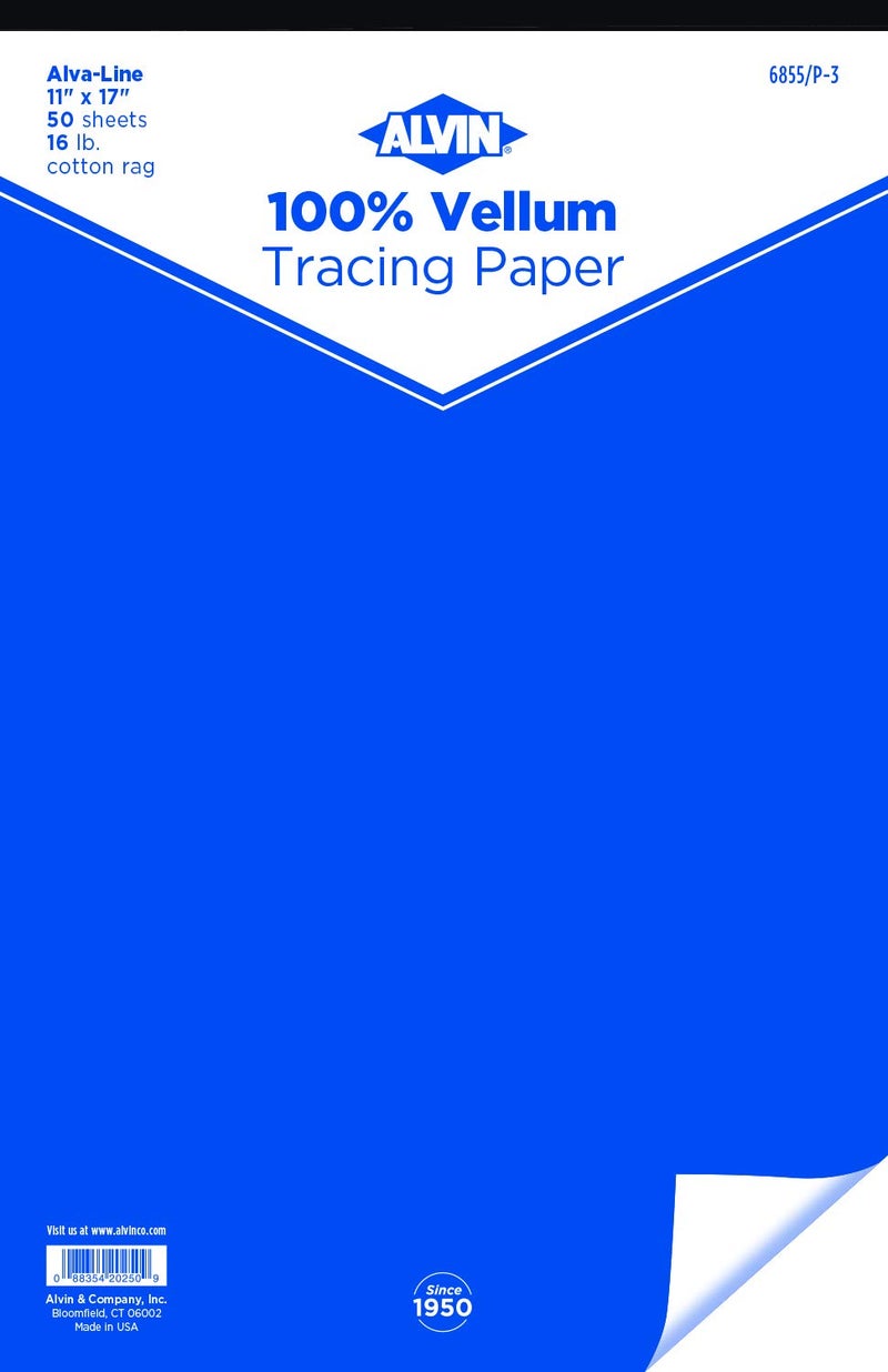 ALVIN Tracing Paper Pad Model 6855/P-3 Alva-Line Vellum Tracing Paper Pad, Medium Weight, Finely Grained Surface, Suitable with Pencil and Pen, No Smudge - 50 Sheet Pad, 11" x 17" - Image 1